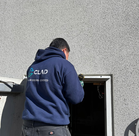 One of our pros repairing a commercial door